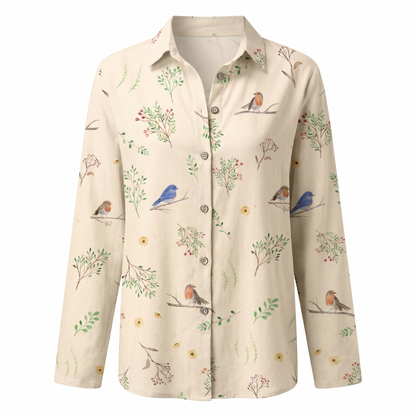 Blusa Floral Sin Esfuerzo para Mujeres con Cuello, Manga Larga, Botones en la Parte Frontal, Estilo Relajado y Fluido
