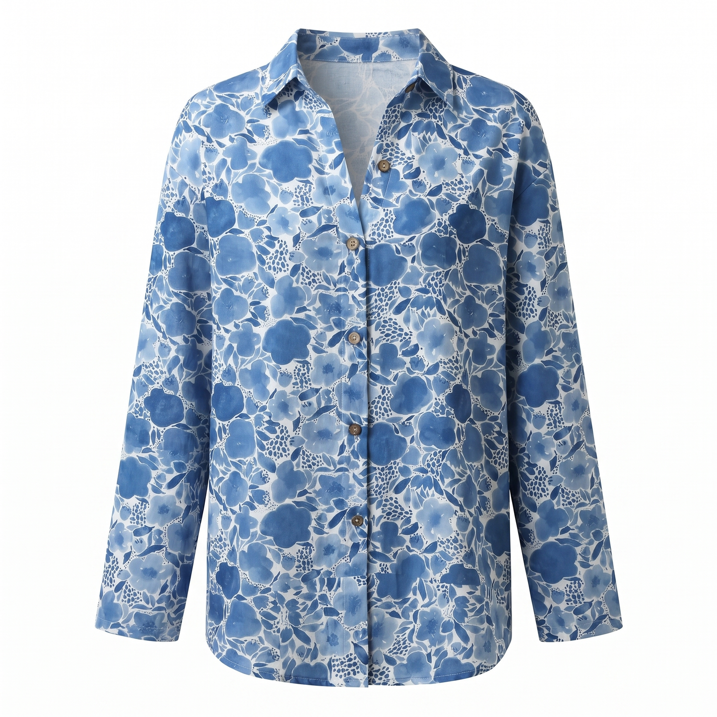 Blusa Floral Sin Esfuerzo para Mujeres con Cuello, Manga Larga, Botones en la Parte Frontal, Estilo Relajado y Fluido