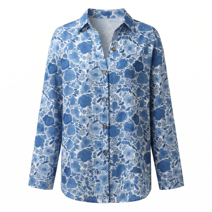 Blusa Floral Sin Esfuerzo para Mujeres con Cuello, Manga Larga, Botones en la Parte Frontal, Estilo Relajado y Fluido