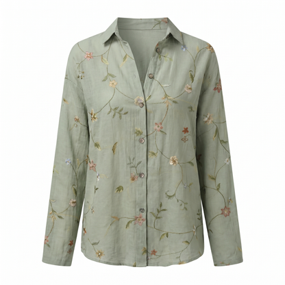 Blusa Floral Sin Esfuerzo para Mujeres con Cuello, Manga Larga, Botones en la Parte Frontal, Estilo Relajado y Fluido