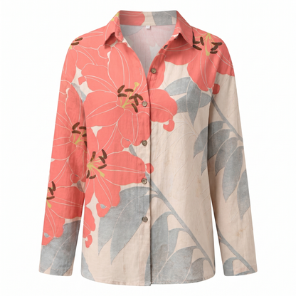 Blusa Floral Sin Esfuerzo para Mujeres con Cuello, Manga Larga, Botones en la Parte Frontal, Estilo Relajado y Fluido
