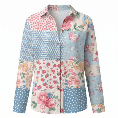 Blusa Floral Sin Esfuerzo para Mujeres con Cuello, Manga Larga, Botones en la Parte Frontal, Estilo Relajado y Fluido