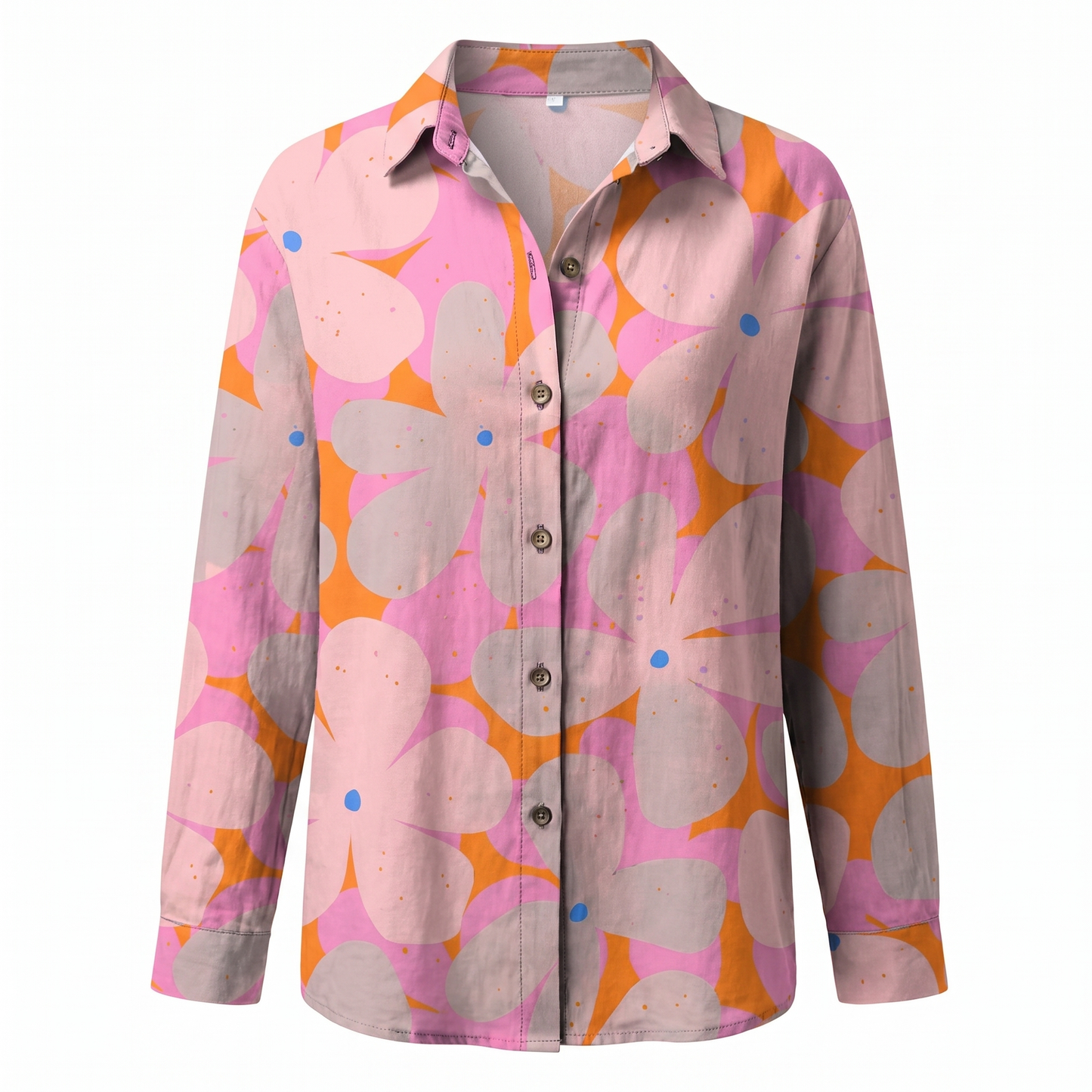 Blusa Floral Sin Esfuerzo para Mujeres con Cuello, Manga Larga, Botones en la Parte Frontal, Estilo Relajado y Fluido