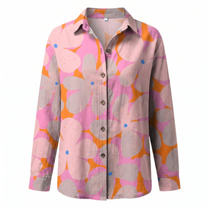 Blusa Floral Sin Esfuerzo para Mujeres con Cuello, Manga Larga, Botones en la Parte Frontal, Estilo Relajado y Fluido