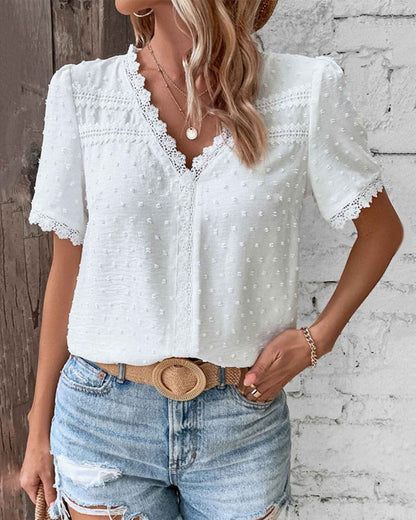 Blusa Suiza de Puntos para Mujeres con Cuello en V y Mangas Cortas con Encaje, Estilo Casual