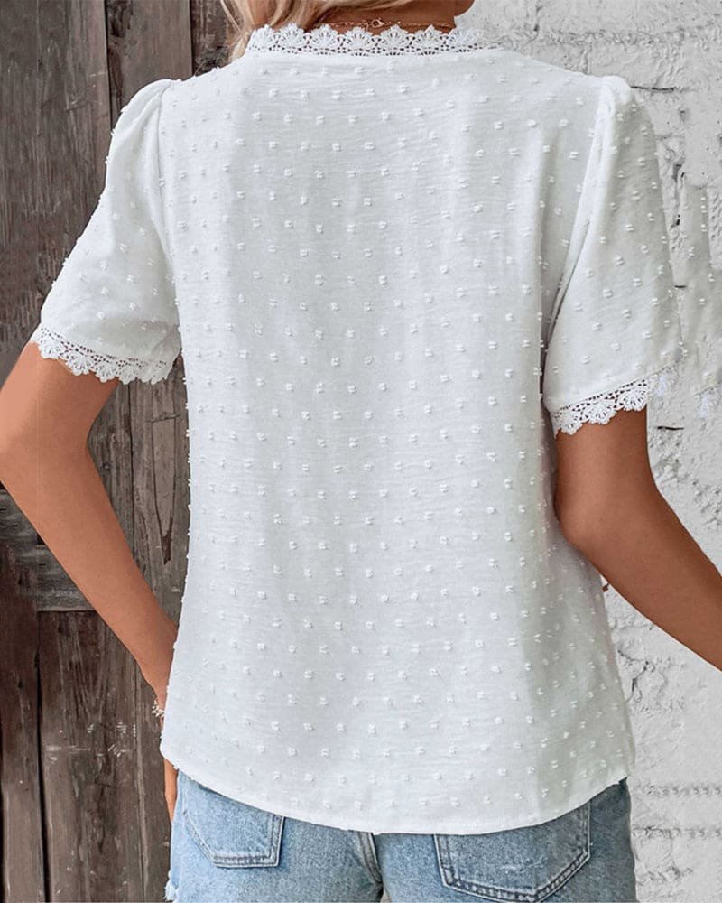 Blusa Suiza de Puntos para Mujeres con Cuello en V y Mangas Cortas con Encaje, Estilo Casual