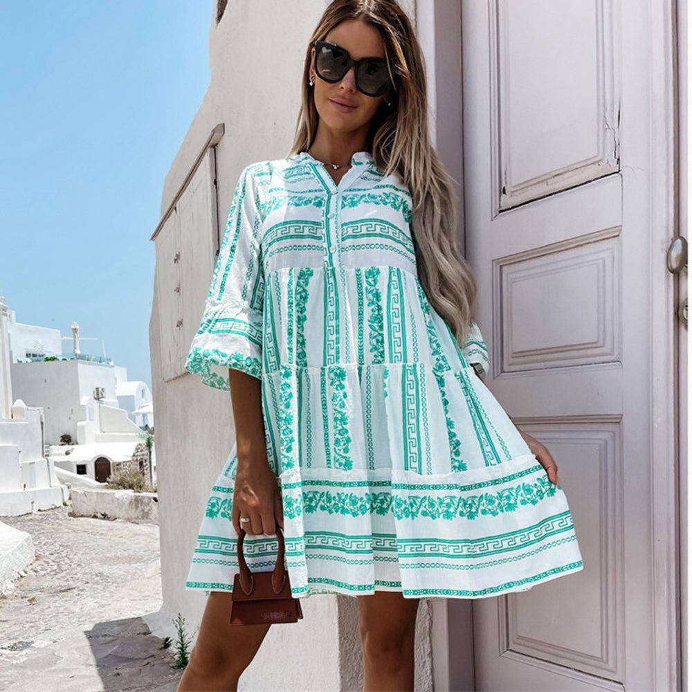 Vestido Mini de Print en Capas Sin Esfuerzo para Mujeres con Escote en V, Manga de Campana y Botones Estilo Bohemio
