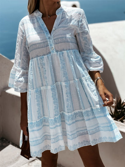 Vestido Mini de Print en Capas Sin Esfuerzo para Mujeres con Escote en V, Manga de Campana y Botones Estilo Bohemio