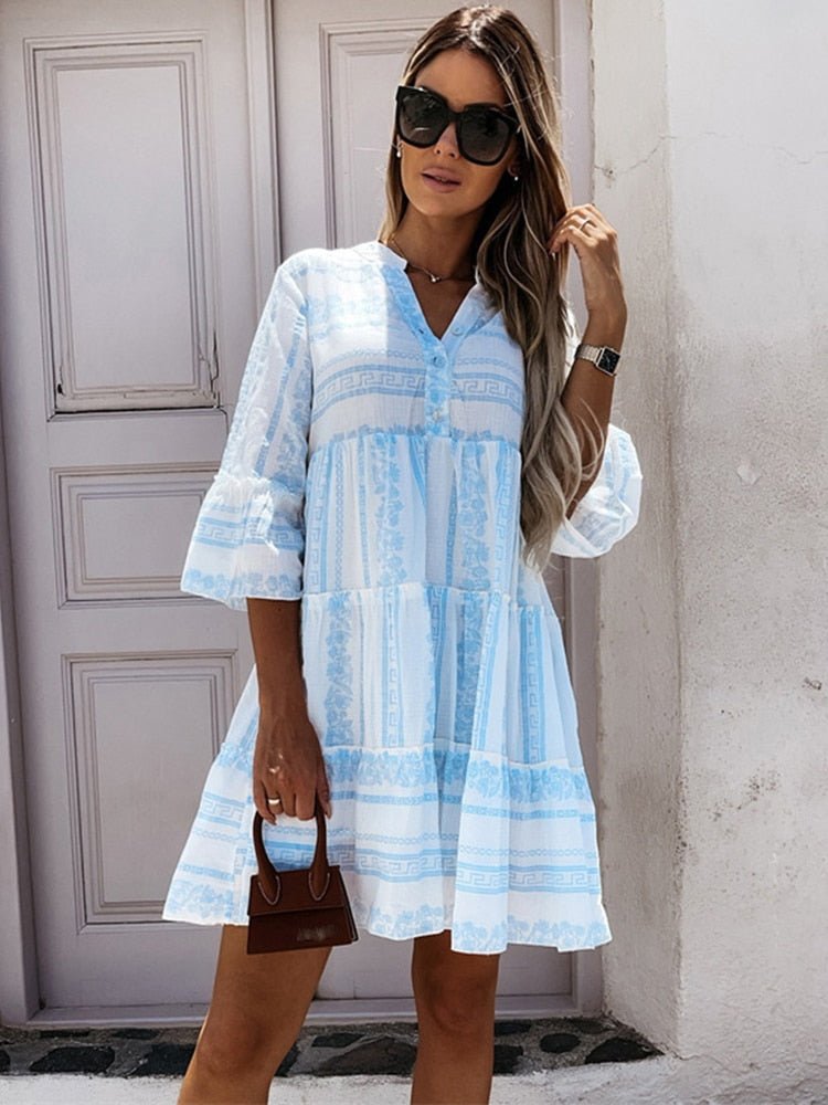 Vestido Mini de Print en Capas Sin Esfuerzo para Mujeres con Escote en V, Manga de Campana y Botones Estilo Bohemio