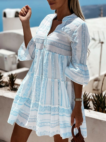 Vestido Mini de Print en Capas Sin Esfuerzo para Mujeres con Escote en V, Manga de Campana y Botones Estilo Bohemio
