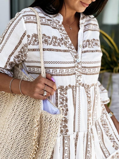 Vestido Mini de Print en Capas Sin Esfuerzo para Mujeres con Escote en V, Manga de Campana y Botones Estilo Bohemio