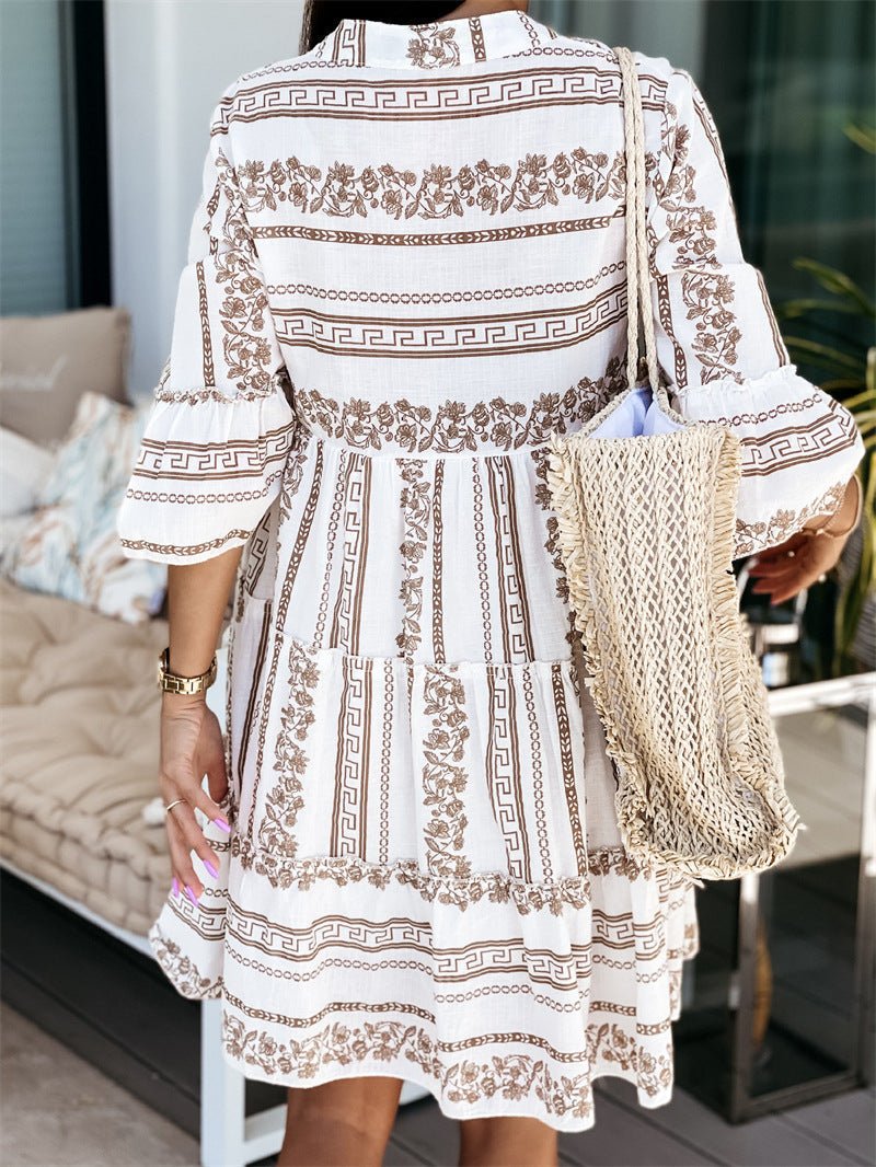 Vestido Mini de Print en Capas Sin Esfuerzo para Mujeres con Escote en V, Manga de Campana y Botones Estilo Bohemio