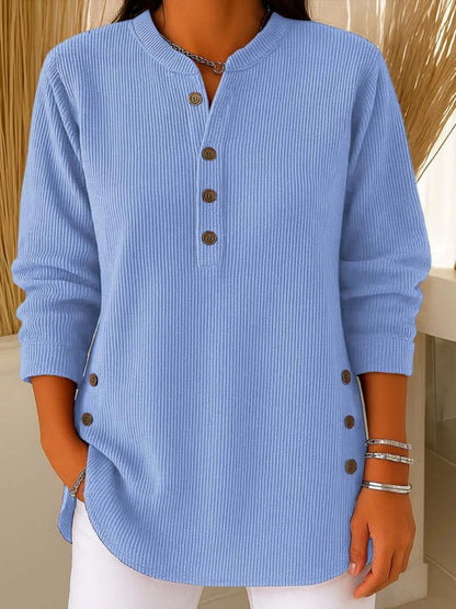 Túnica de Punto Acanalado Cómoda para Mujeres con Cuello Abierto y Botones en la Parte Frontal, Estilo Casual Relajado de Manga Larga
