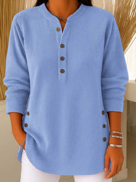 Túnica de Punto Acanalado Cómoda para Mujeres con Cuello Abierto y Botones en la Parte Frontal, Estilo Casual Relajado de Manga Larga
