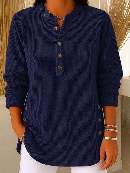 Túnica de Punto Acanalado Cómoda para Mujeres con Cuello Abierto y Botones en la Parte Frontal, Estilo Casual Relajado de Manga Larga