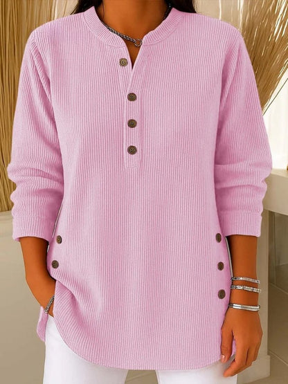 Túnica de Punto Acanalado Cómoda para Mujeres con Cuello Abierto y Botones en la Parte Frontal, Estilo Casual Relajado de Manga Larga