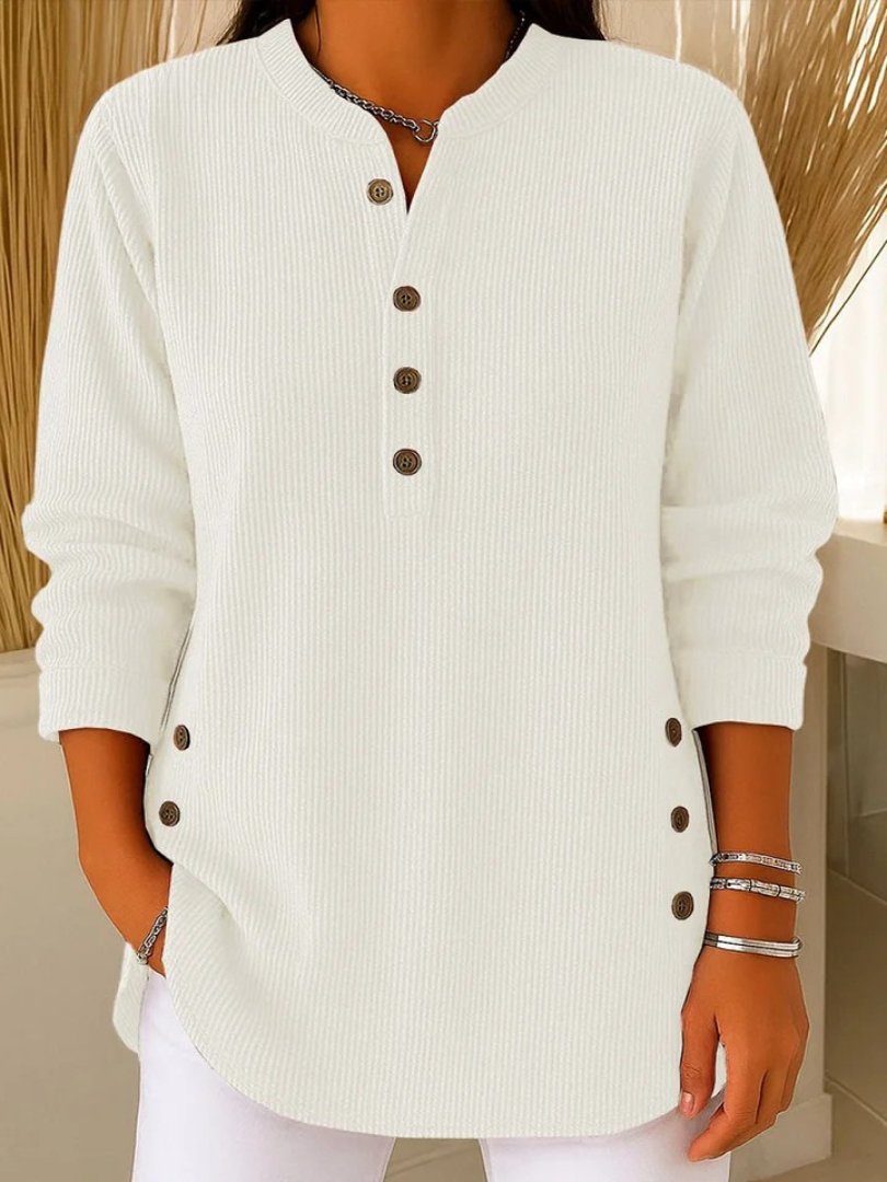 Túnica de Punto Acanalado Cómoda para Mujeres con Cuello Abierto y Botones en la Parte Frontal, Estilo Casual Relajado de Manga Larga