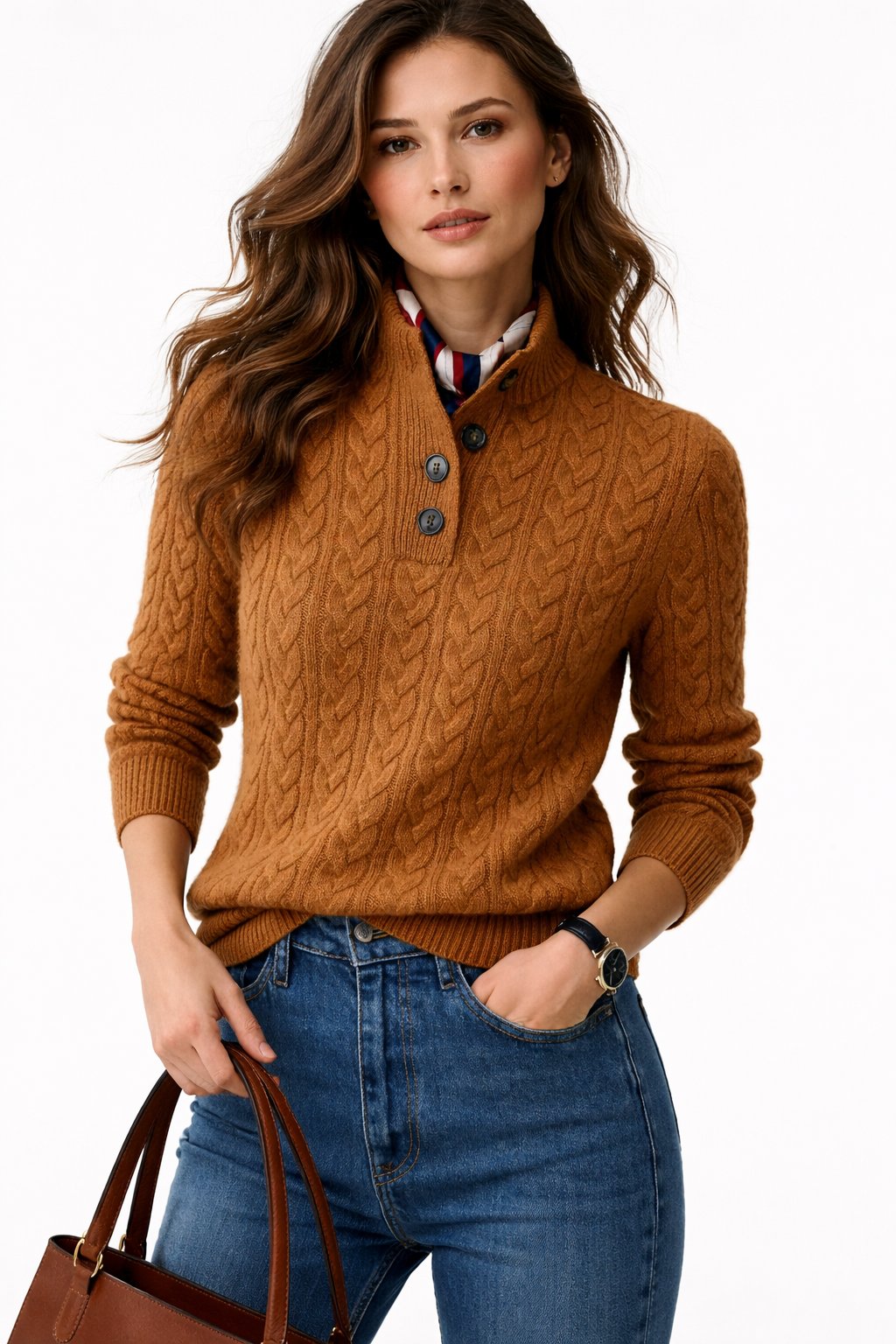 Suéter de Punto Trenzado Cómodo para Mujeres con Cuello Alto y Botones, Manga Larga, Estilo Casual Relajado