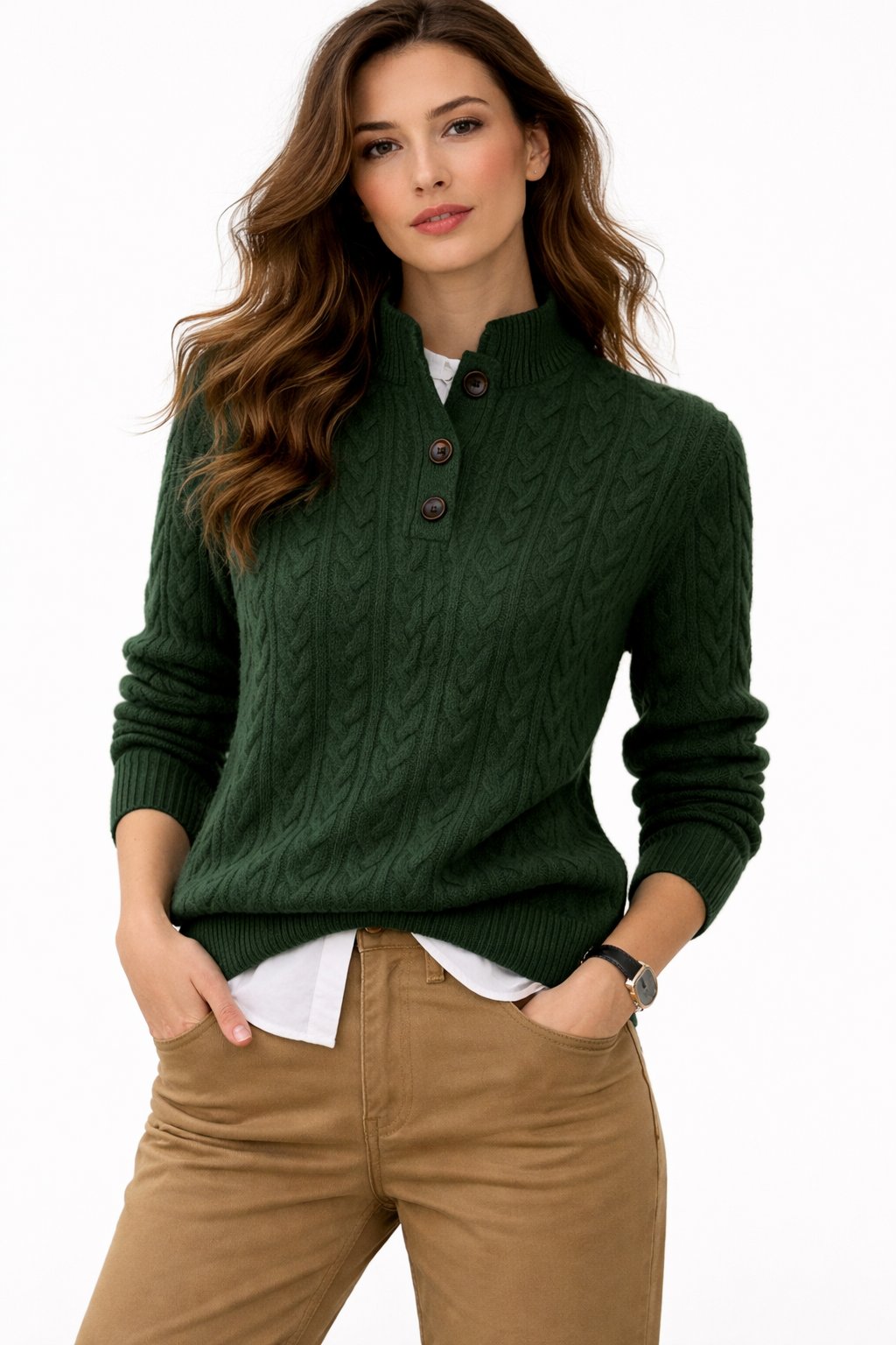 Suéter de Punto Trenzado Cómodo para Mujeres con Cuello Alto y Botones, Manga Larga, Estilo Casual Relajado