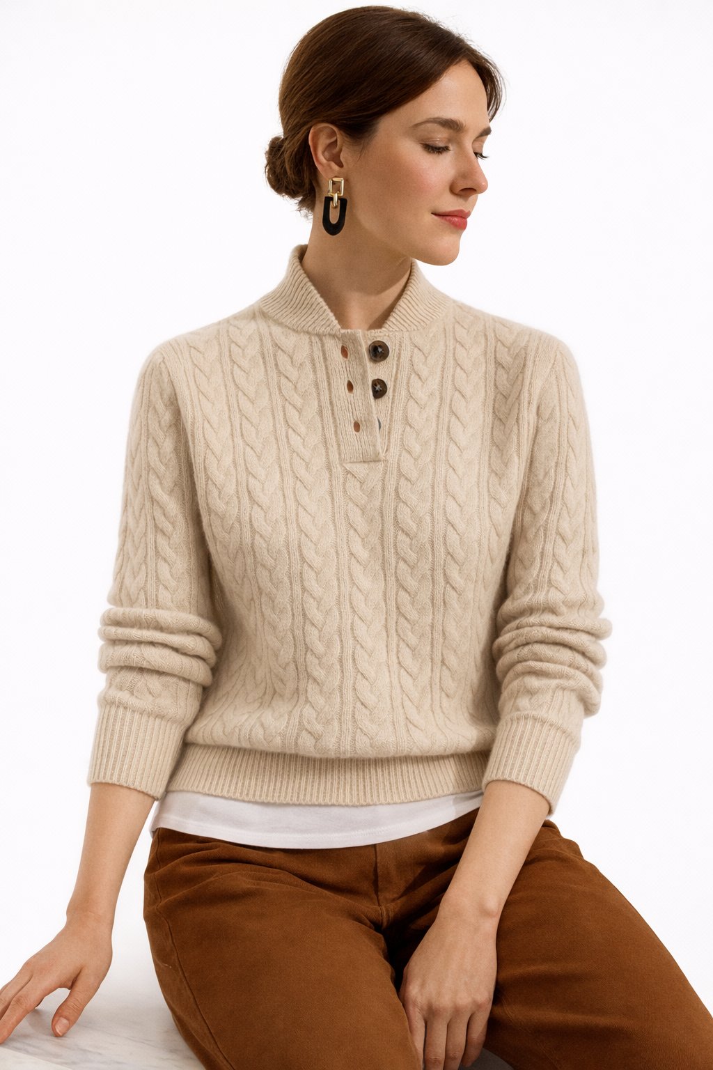 Suéter de Punto Trenzado Cómodo para Mujeres con Cuello Alto y Botones, Manga Larga, Estilo Casual Relajado