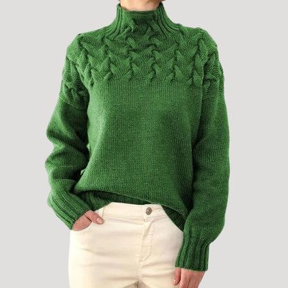 Suéter de Punto de Cable Cómodo para Mujeres con Cuello Alto, Manga Larga, Yugo Texturizado, Estilo Oversized