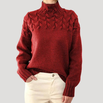 Suéter de Punto de Cable Cómodo para Mujeres con Cuello Alto, Manga Larga, Yugo Texturizado, Estilo Oversized