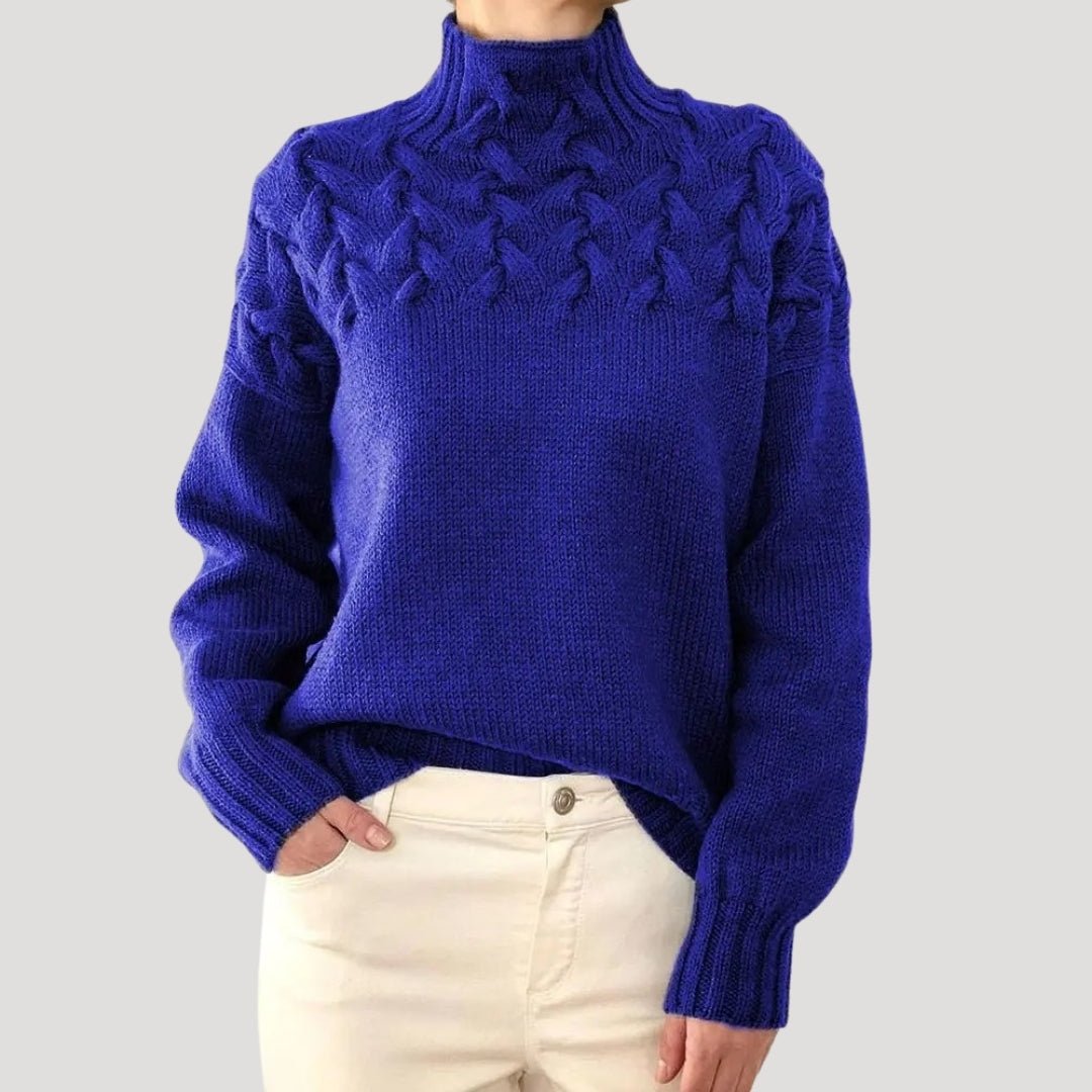 Suéter de Punto de Cable Cómodo para Mujeres con Cuello Alto, Manga Larga, Yugo Texturizado, Estilo Oversized