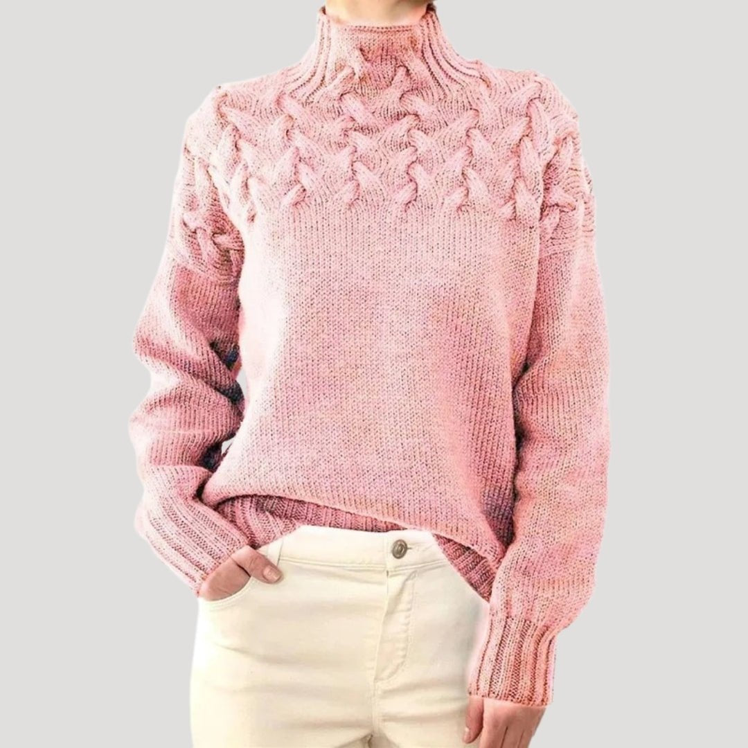 Suéter de Punto de Cable Cómodo para Mujeres con Cuello Alto, Manga Larga, Yugo Texturizado, Estilo Oversized