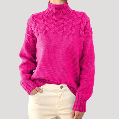 Suéter de Punto de Cable Cómodo para Mujeres con Cuello Alto, Manga Larga, Yugo Texturizado, Estilo Oversized