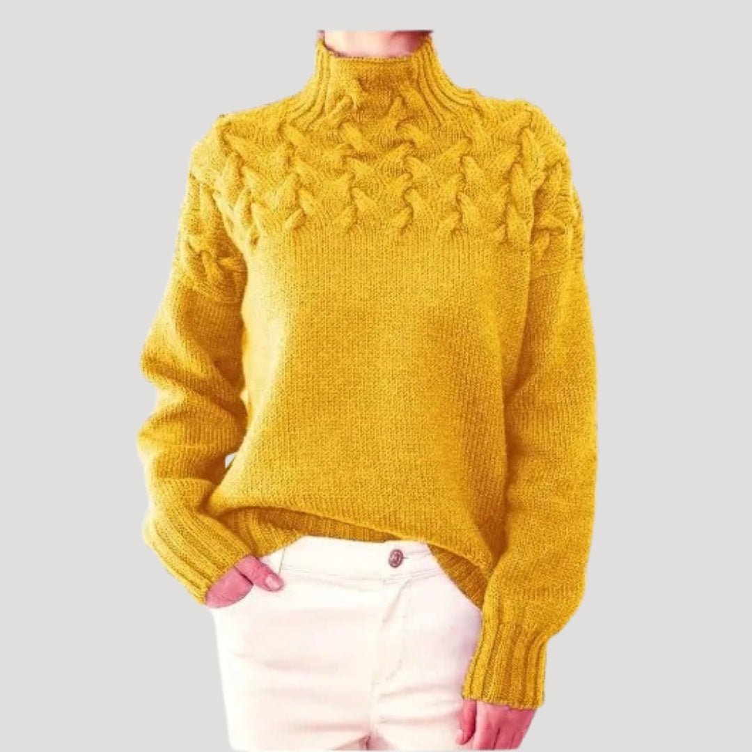 Suéter de Punto de Cable Cómodo para Mujeres con Cuello Alto, Manga Larga, Yugo Texturizado, Estilo Oversized