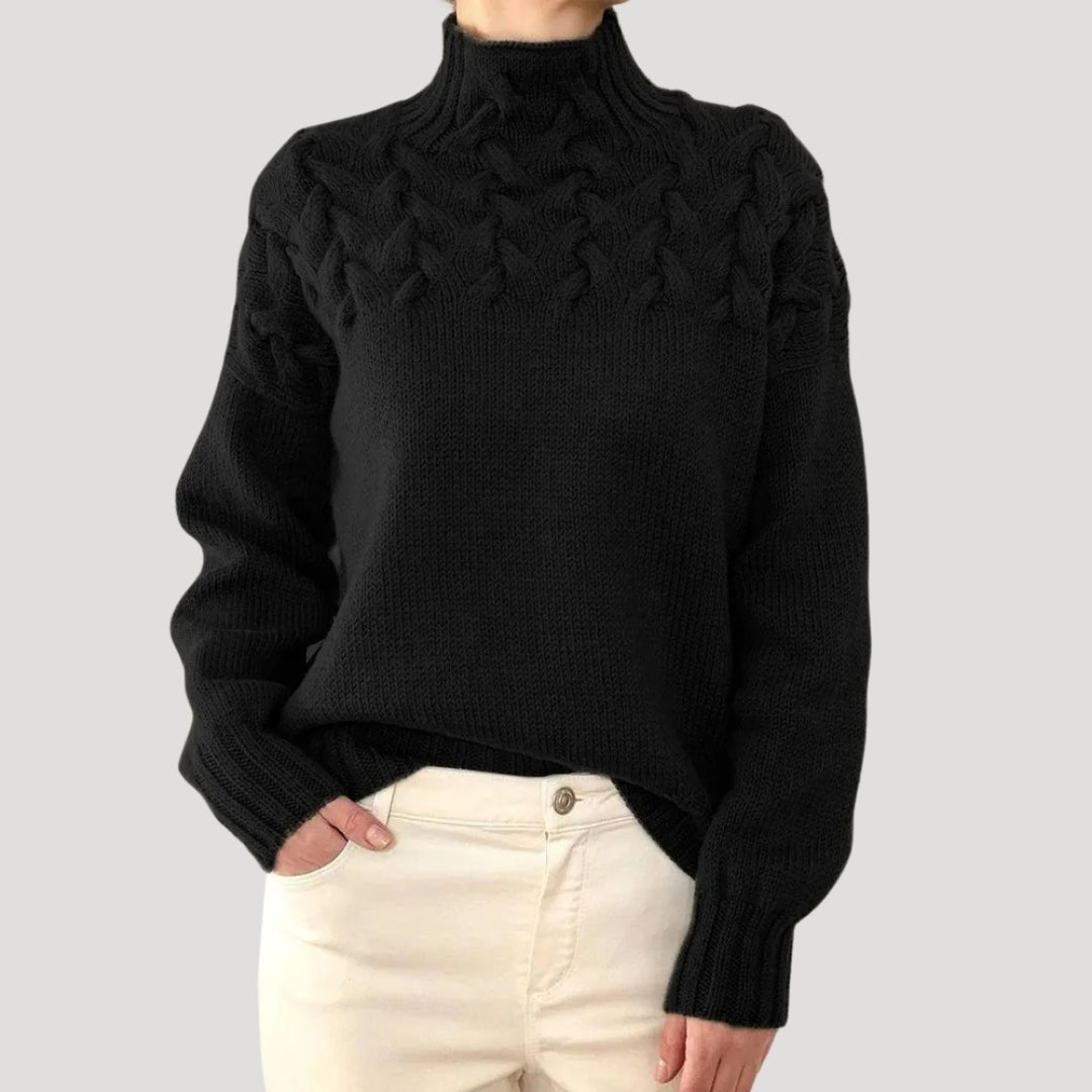 Suéter de Punto de Cable Cómodo para Mujeres con Cuello Alto, Manga Larga, Yugo Texturizado, Estilo Oversized