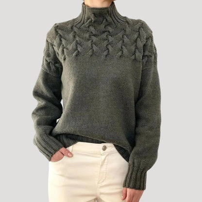 Suéter de Punto de Cable Cómodo para Mujeres con Cuello Alto, Manga Larga, Yugo Texturizado, Estilo Oversized
