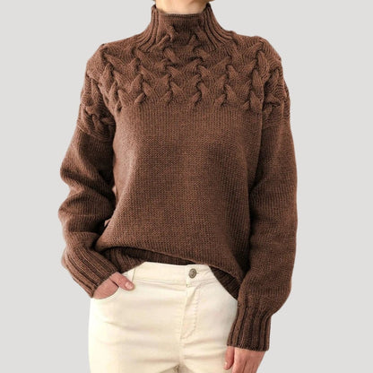 Suéter de Punto de Cable Cómodo para Mujeres con Cuello Alto, Manga Larga, Yugo Texturizado, Estilo Oversized