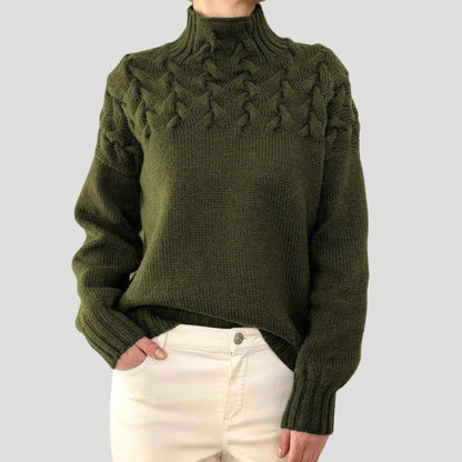 Suéter de Punto de Cable Cómodo para Mujeres con Cuello Alto, Manga Larga, Yugo Texturizado, Estilo Oversized