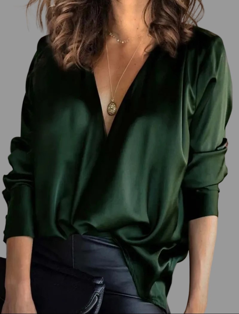 Blusa de Satén Elegante para Mujeres con Escote en V, Manga Larga, Estilo Drapado y Relajado