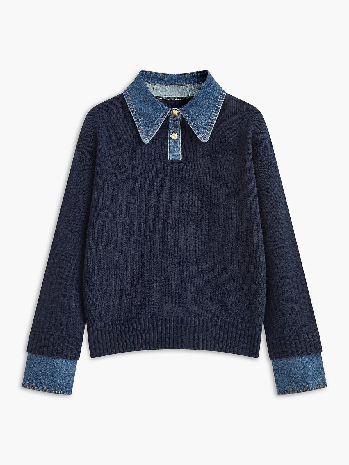 Suéter de Polo de Mezclilla Sin Esfuerzo para Mujeres con Cuello, Manga Larga, Puños Acanalados y Estilo Oversized