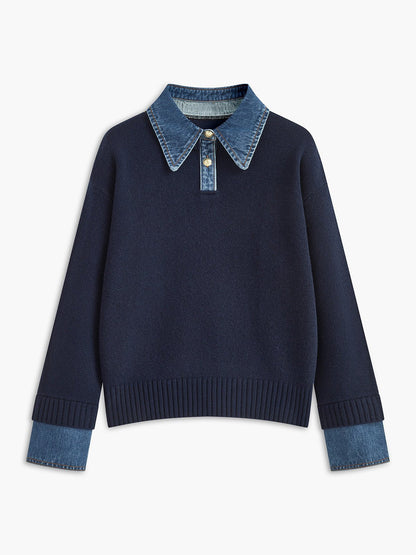 Suéter de Polo de Mezclilla Sin Esfuerzo para Mujeres con Cuello, Manga Larga, Puños Acanalados y Estilo Oversized