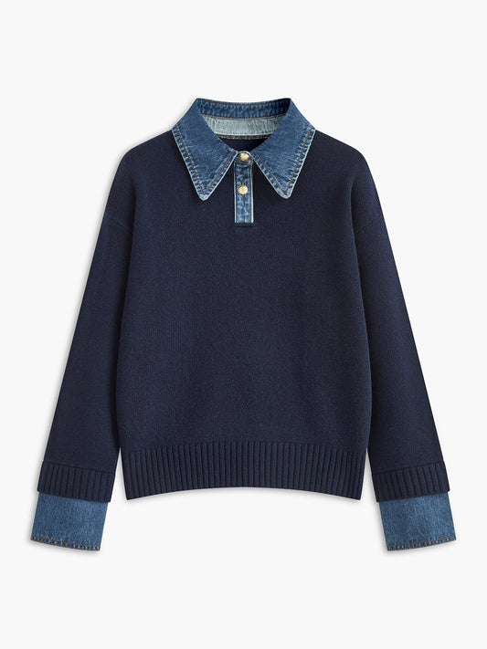 Suéter de Polo de Mezclilla Sin Esfuerzo para Mujeres con Cuello, Manga Larga, Puños Acanalados y Estilo Oversized