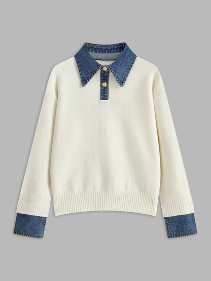 Suéter de Polo de Mezclilla Sin Esfuerzo para Mujeres con Cuello, Manga Larga, Puños Acanalados y Estilo Oversized