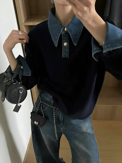 Suéter de Polo de Mezclilla Sin Esfuerzo para Mujeres con Cuello, Manga Larga, Puños Acanalados y Estilo Oversized