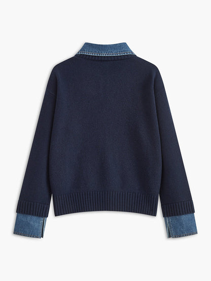 Suéter de Polo de Mezclilla Sin Esfuerzo para Mujeres con Cuello, Manga Larga, Puños Acanalados y Estilo Oversized