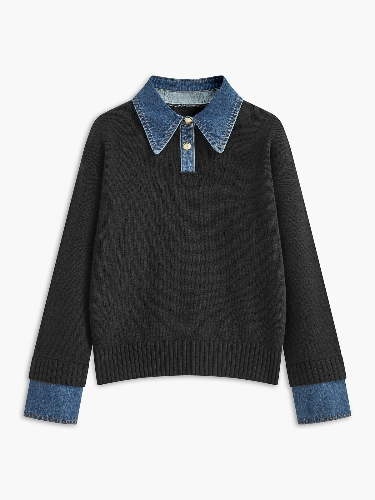 Suéter de Polo de Mezclilla Sin Esfuerzo para Mujeres con Cuello, Manga Larga, Puños Acanalados y Estilo Oversized