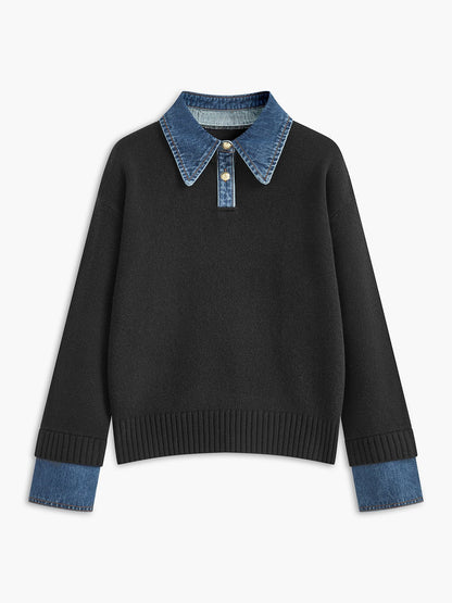 Suéter de Polo de Mezclilla Sin Esfuerzo para Mujeres con Cuello, Manga Larga, Puños Acanalados y Estilo Oversized