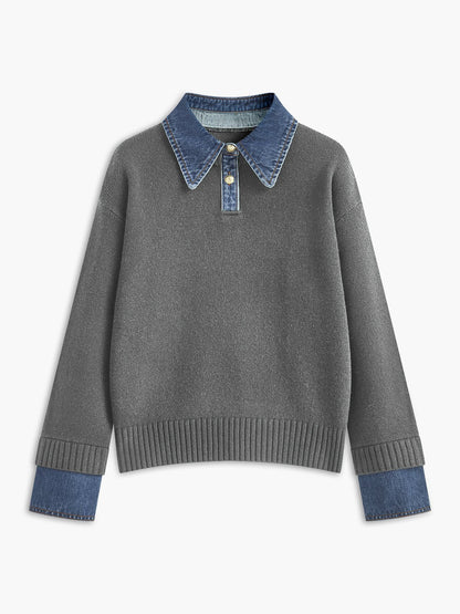 Suéter de Polo de Mezclilla Sin Esfuerzo para Mujeres con Cuello, Manga Larga, Puños Acanalados y Estilo Oversized