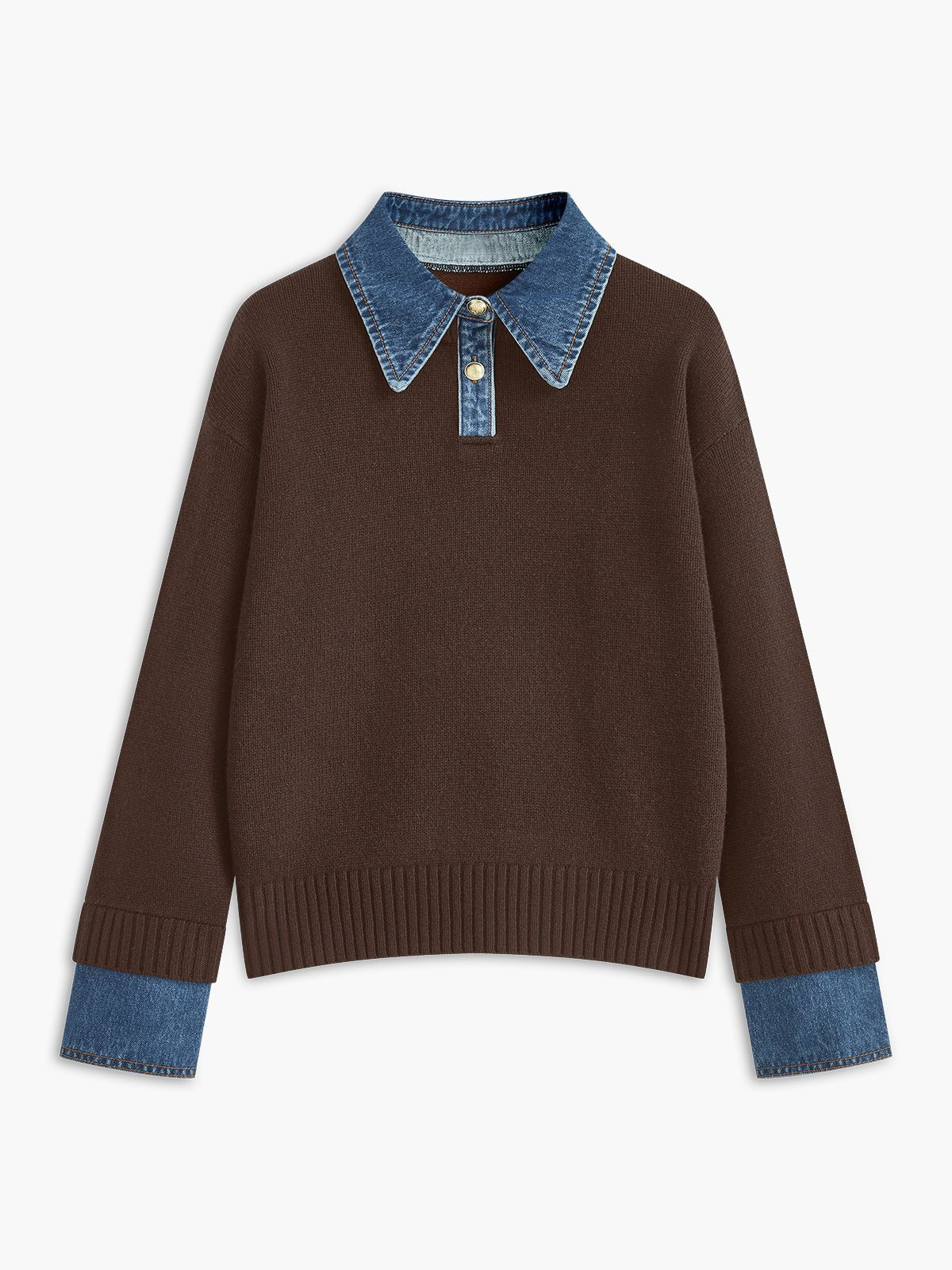 Suéter de Polo de Mezclilla Sin Esfuerzo para Mujeres con Cuello, Manga Larga, Puños Acanalados y Estilo Oversized