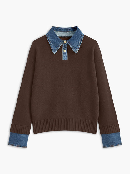 Suéter de Polo de Mezclilla Sin Esfuerzo para Mujeres con Cuello, Manga Larga, Puños Acanalados y Estilo Oversized