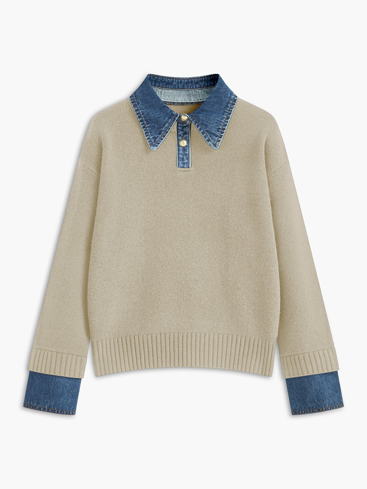 Suéter de Polo de Mezclilla Sin Esfuerzo para Mujeres con Cuello, Manga Larga, Puños Acanalados y Estilo Oversized