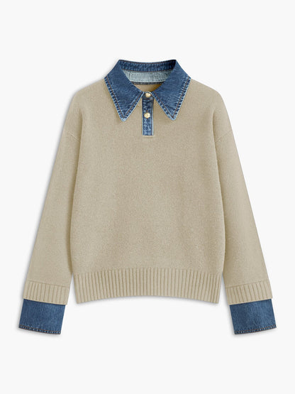 Suéter de Polo de Mezclilla Sin Esfuerzo para Mujeres con Cuello, Manga Larga, Puños Acanalados y Estilo Oversized