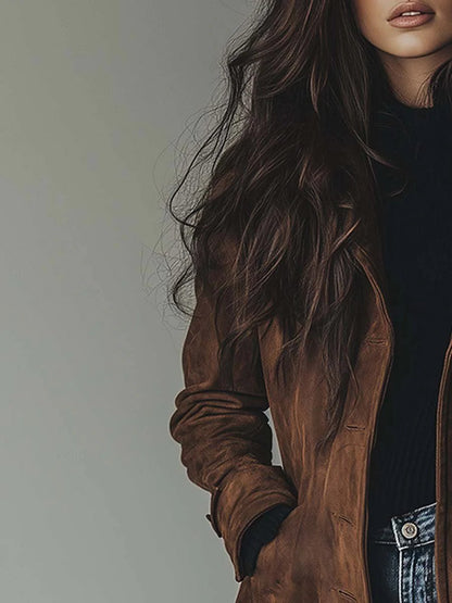 Abrigo Trench de Suede Elegante para Mujeres con Solapa Notch, Mangas Largas y Estilo Fluido