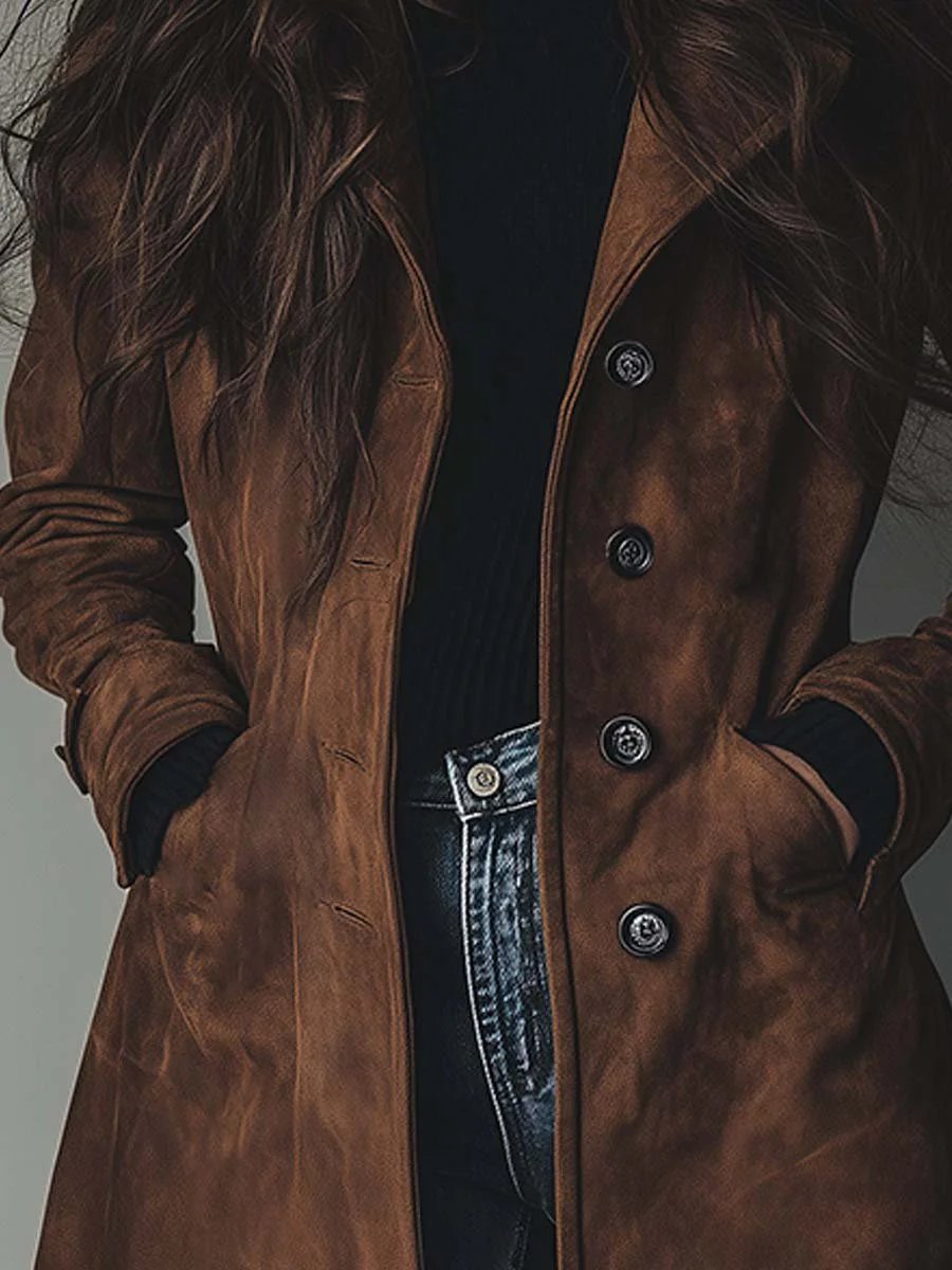 Abrigo Trench de Suede Elegante para Mujeres con Solapa Notch, Mangas Largas y Estilo Fluido